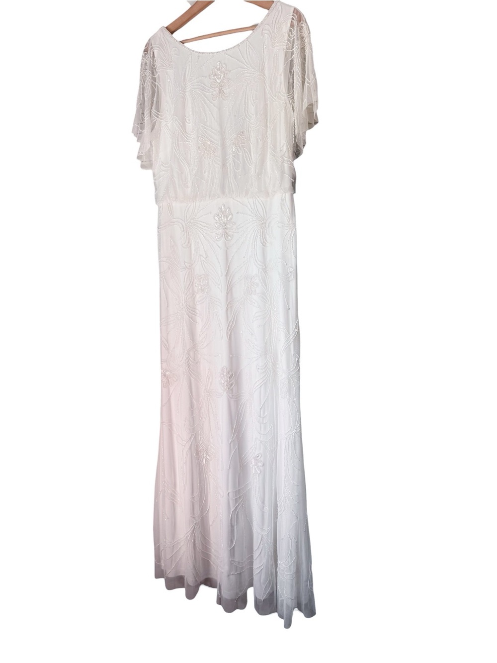 Adrianna Papell Beaded Blouson Ivory Dress 14 NWT Flutter Sleeve Sequins Gown
